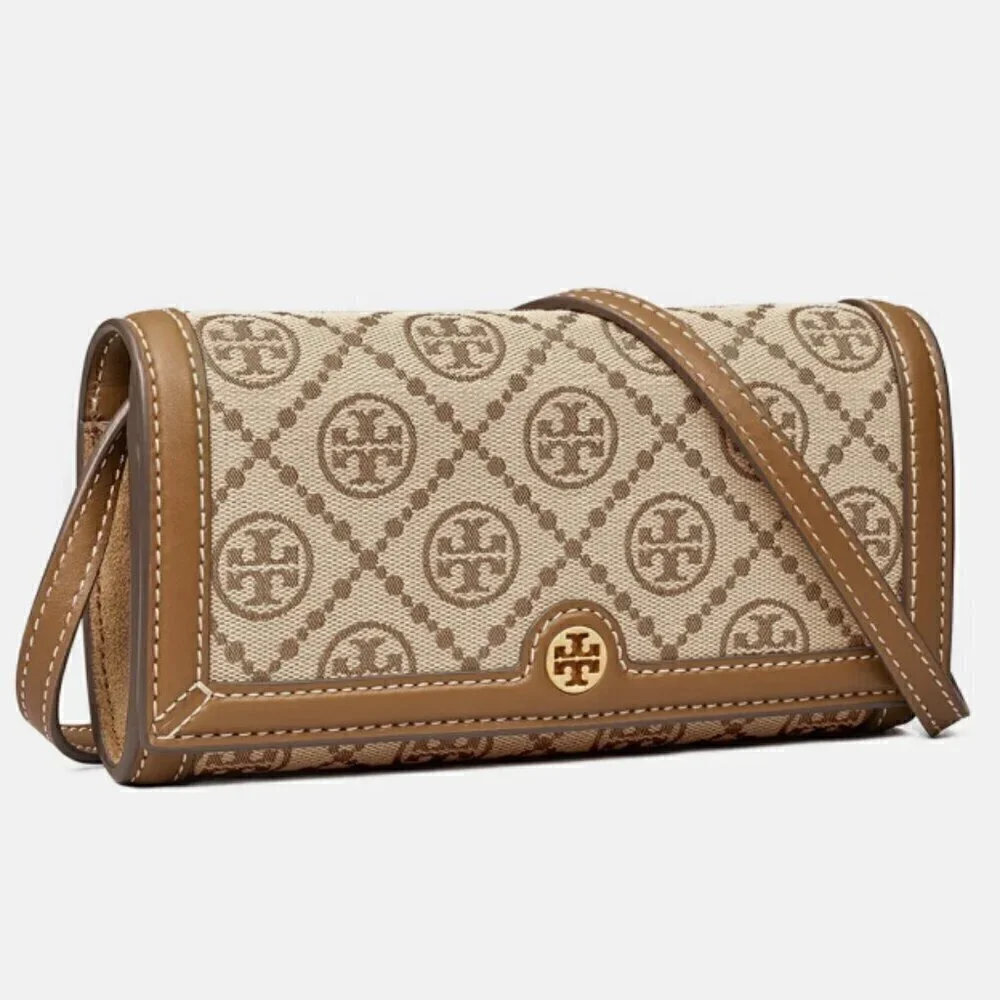 NEW! Tory Burch T Monogram Jacquard Wallet Crossbody -Hazelnut